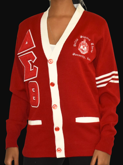 DST Cardigan Red with White Trim (Chenille Lettters)