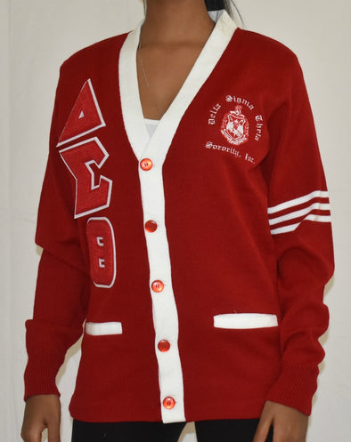 DST Cardigan Red with White Trim (Chenille Lettters)