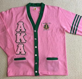 AKA Cardigan Pink & Green w/Stripes (Chenille Letters)